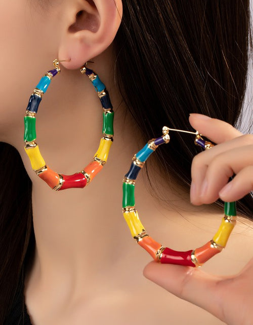Load image into Gallery viewer, Large multi color enamel bamboo hoop earrings
