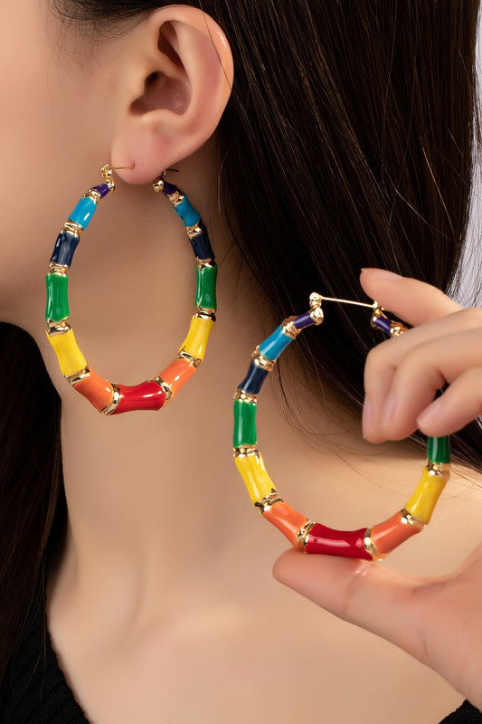 Large multi color enamel bamboo hoop earrings